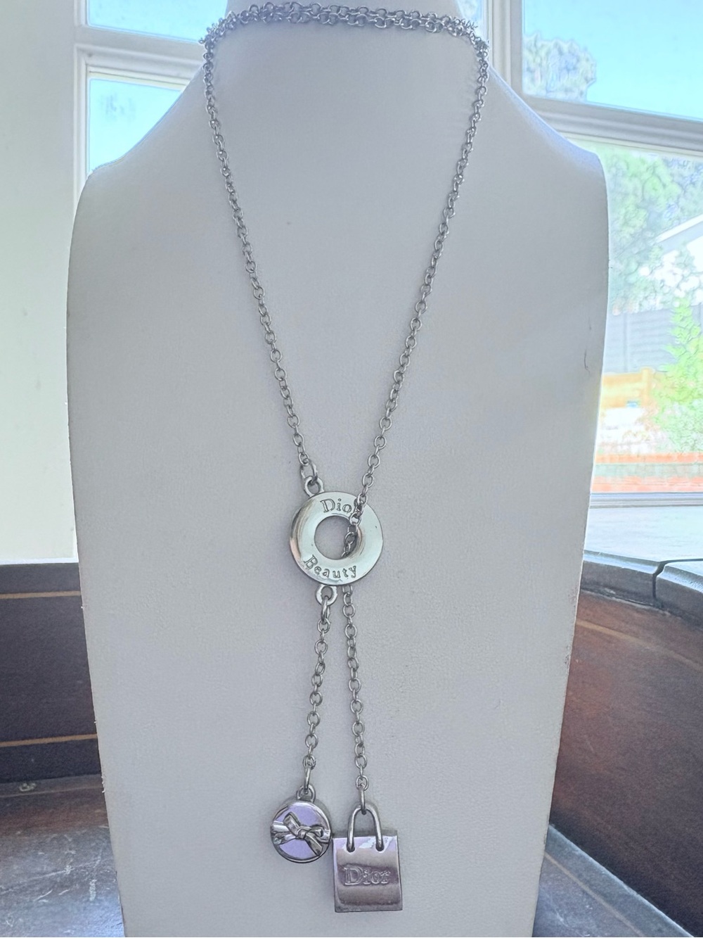 Dior Silver-Tone Logo Lariat Necklace with Charm Drops